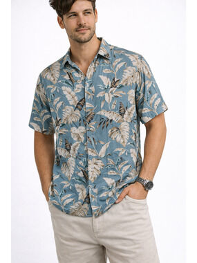 Voyage Mens Hawaiian Shirt Blue Palm Leaf Tropical Button Up Short Sleeve Sz Sm